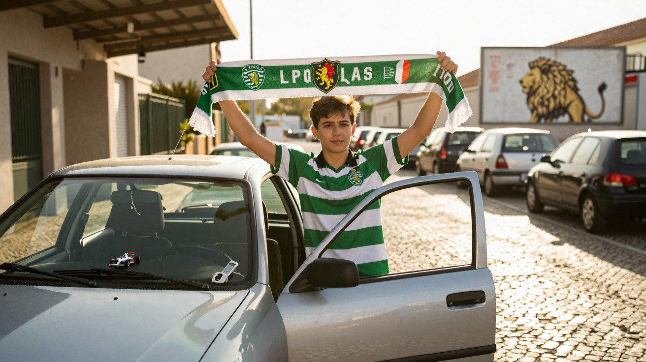 Jovem com camisa listrada verde e branca segura cachecol do Sporting ao lado de carro prata na rua.