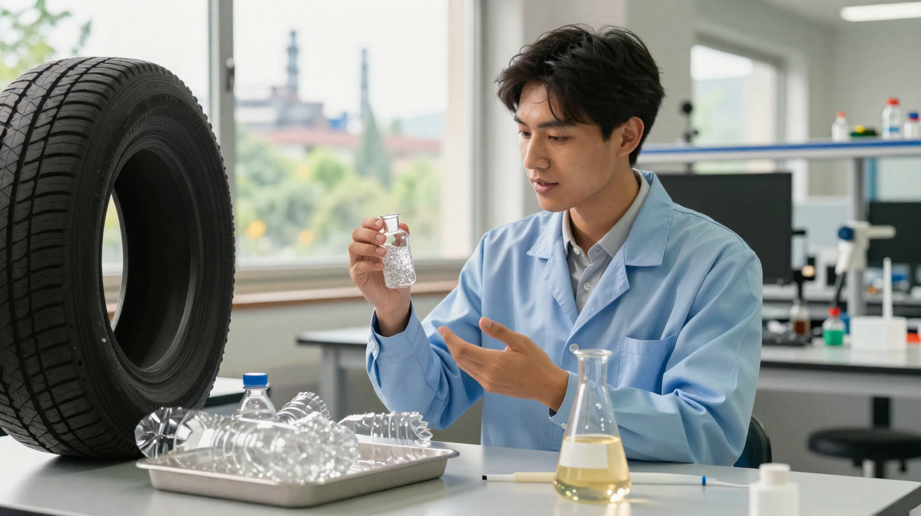 Cientista em laboratório analisando amostra de microplástico próximo a pneus e garrafas plásticas.