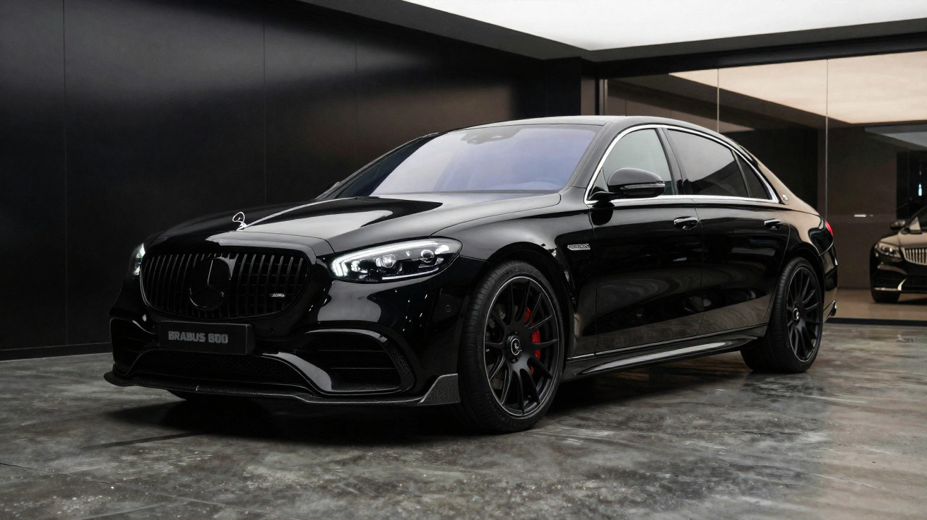 Carro sedan preto Brabus 800 estacionado em garagem com piso de cimento e paredes escuras.