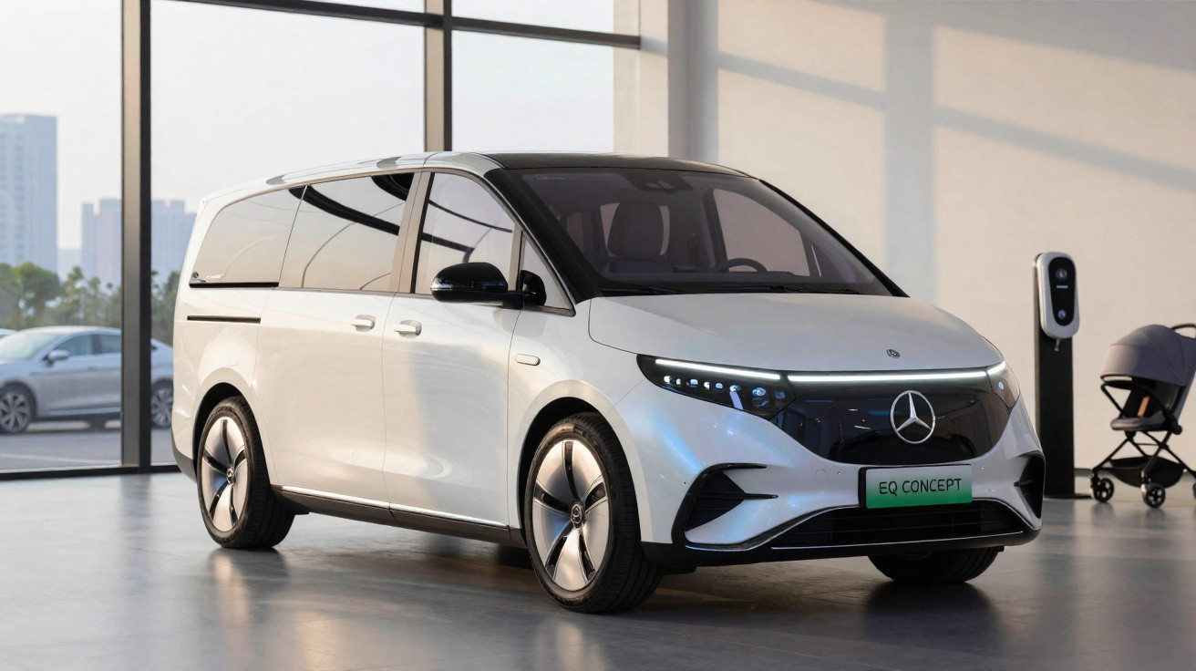 Van elétrica branca Mercedes EQ Concept estacionada em interior com um carregador ao lado.