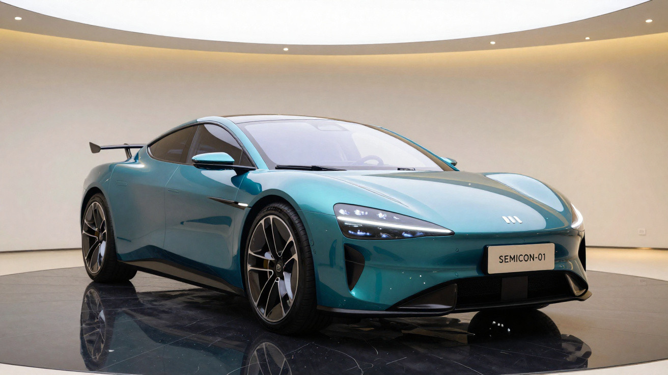 Carro esportivo elétrico verde metálico em exposição em ambiente interno minimalista.