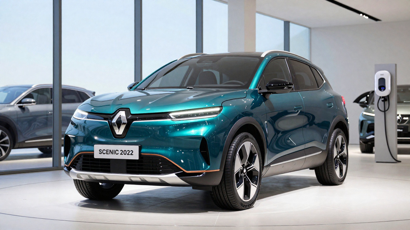 Carro SUV elétrico Renault Scenic 2022 verde metálico exibido em showroom moderno com carregador ao fundo.
