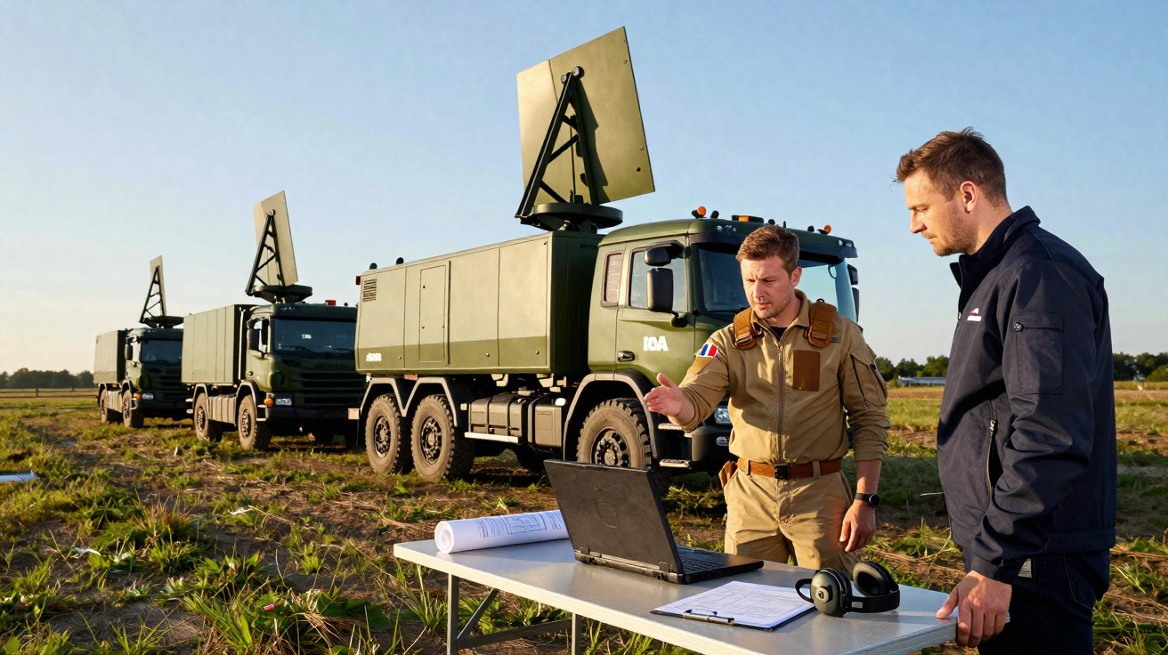 Dois homens analisam dados em laptop ao lado de caminhões militares com antenas em campo aberto.