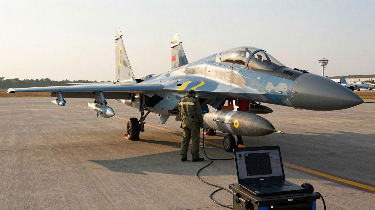 Caça militar sendo preparado no solo com técnico operando equipamento em pista de aeroporto.