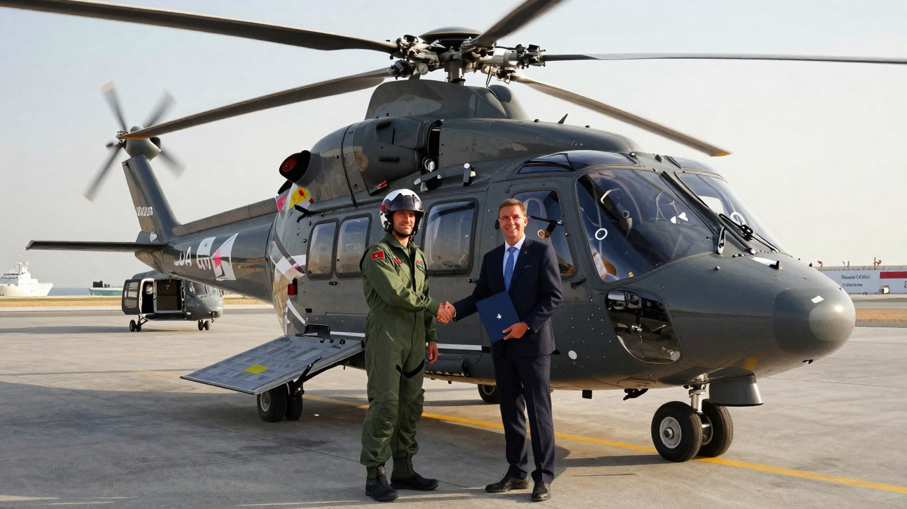 Dois homens apertando as mãos em frente a um helicóptero cinza estacionado em um heliponto.