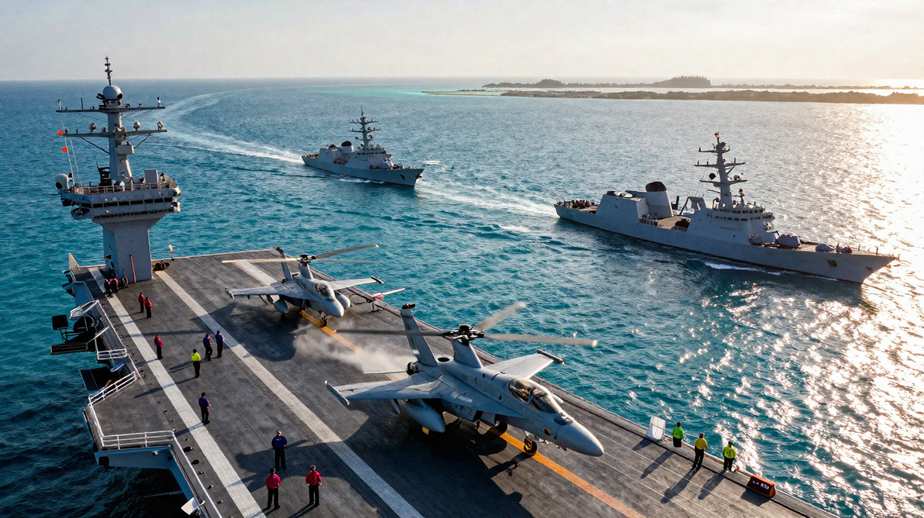 Porta-aviões com caças na pista e três navios de guerra navegando próximos em mar aberto ao entardecer.