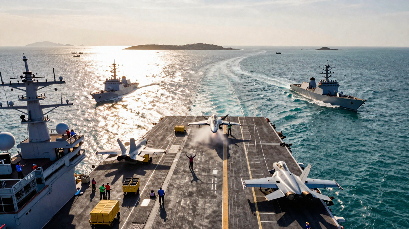 Porta-aviões com aviões de combate e navios militares em alto mar ao pôr do sol.