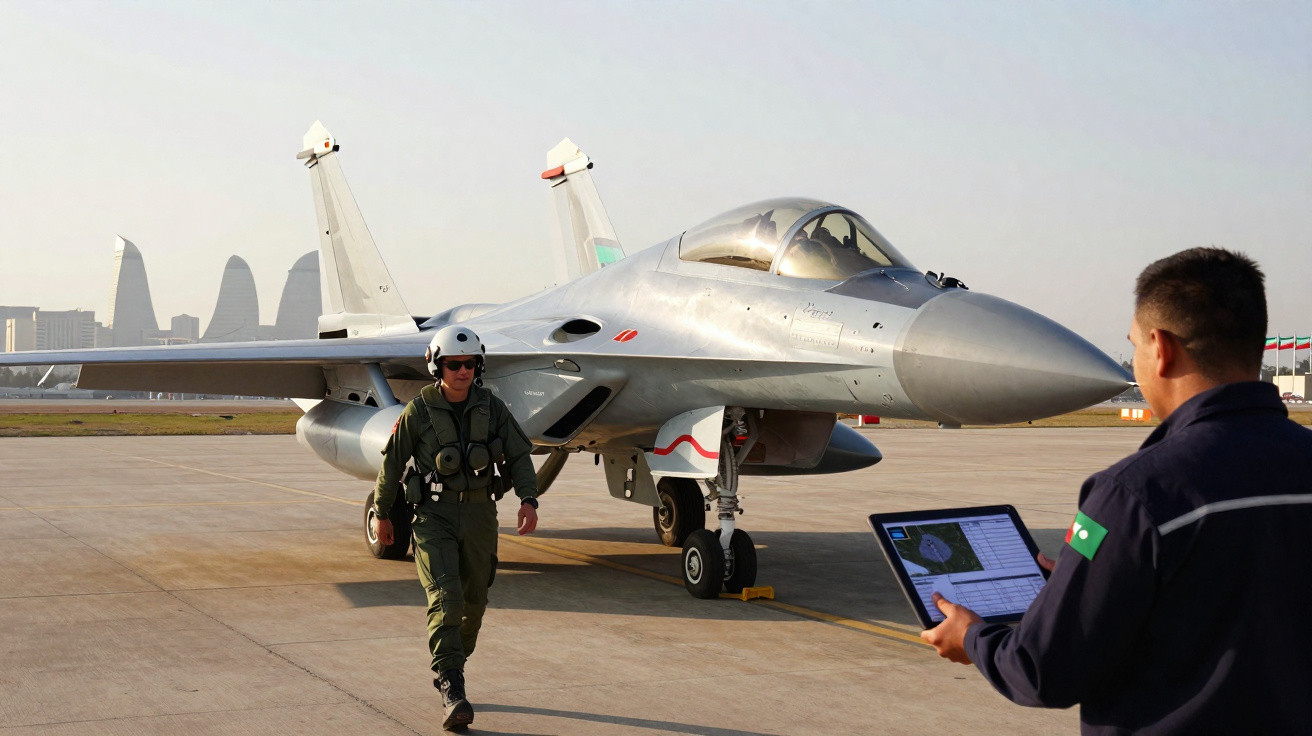Piloto militar caminha perto de caça estacionado em pista de aeroporto com profissional usando tablet.