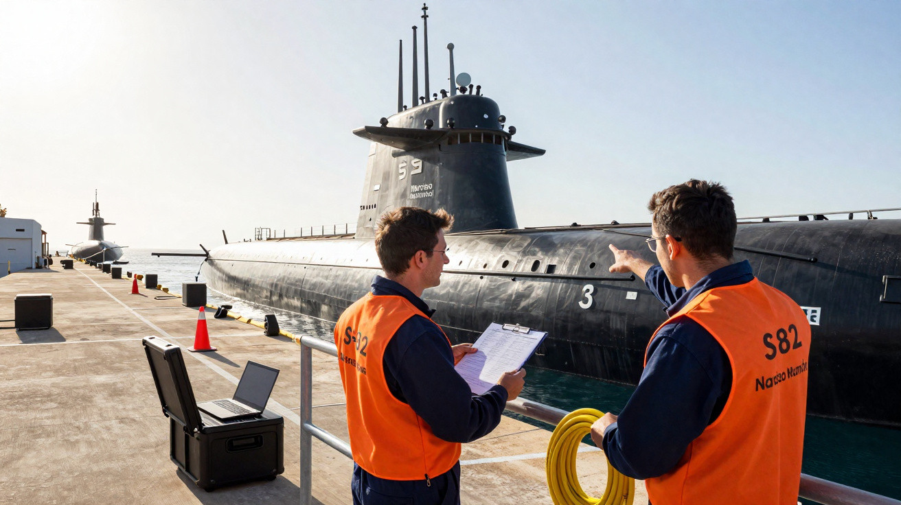 Dois técnicos com coletes laranja inspecionam submarinos negros atracados em cais ao amanhecer.