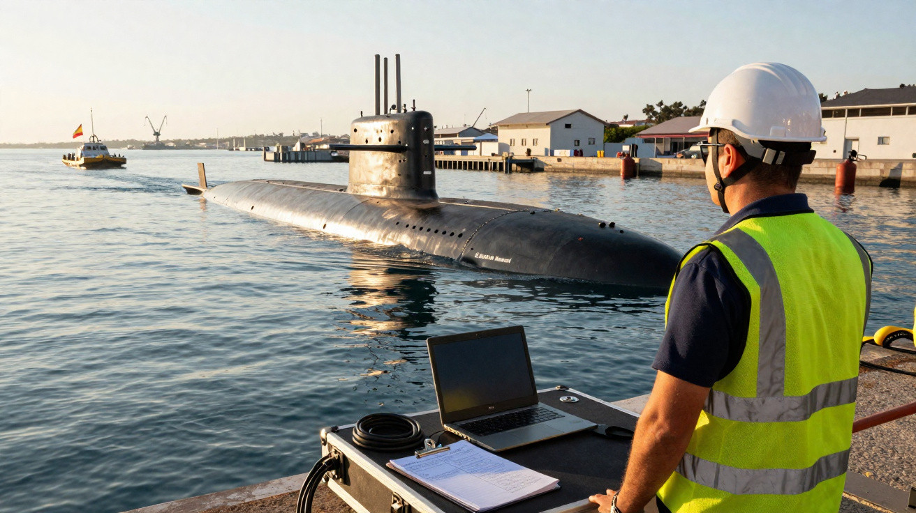 Homem com capacete e colete observando submarino ancorado em porto durante o dia.