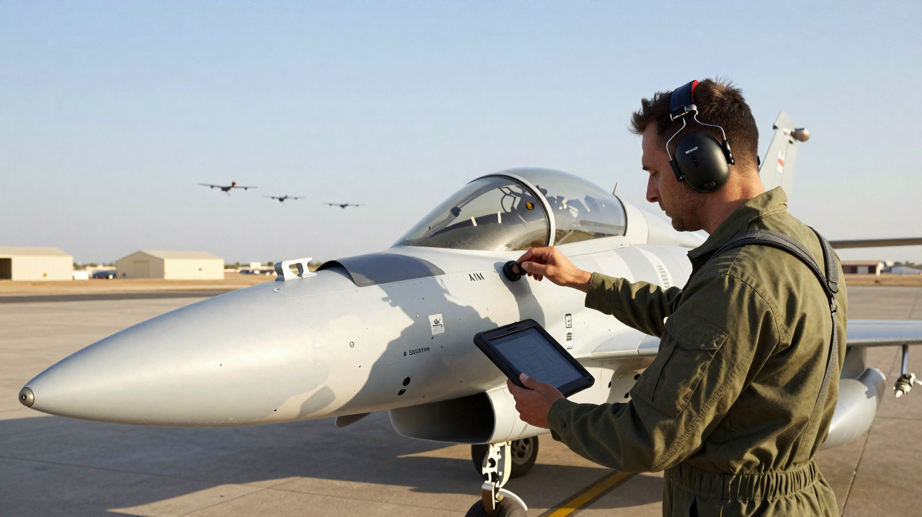 Homem com fone de ouvido realiza inspeção em caça militar estacionado em pista com aviões ao fundo.