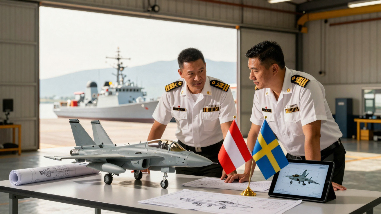 Dois homens em uniforme naval analisam maquete de avião militar e projetos em hangar, com navio ao fundo.