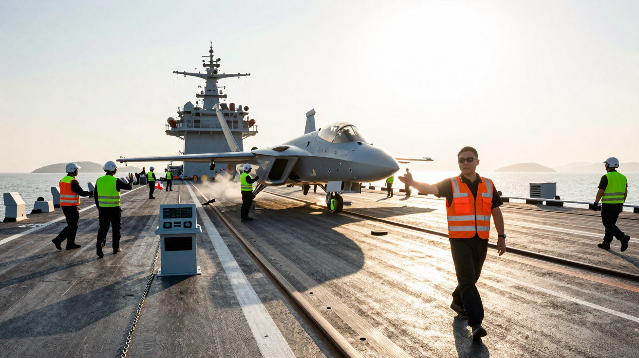Equipe de operações guiando caça naval no convés de um porta-aviões ao pôr do sol.