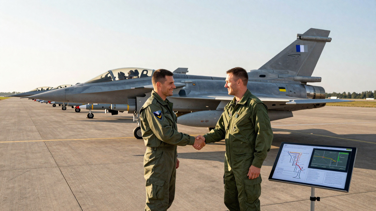 Dois pilotos militares apertam as mãos em pista ao lado de caça e monitor com informações técnicas.