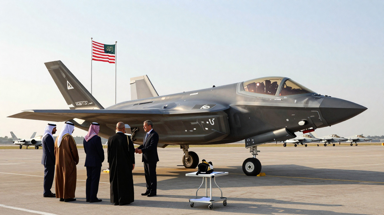 Homens em trajes tradicionais e ocidentais apertam mãos próxima a caça F-35 em área de aeroporto com bandeira saudita ao fund