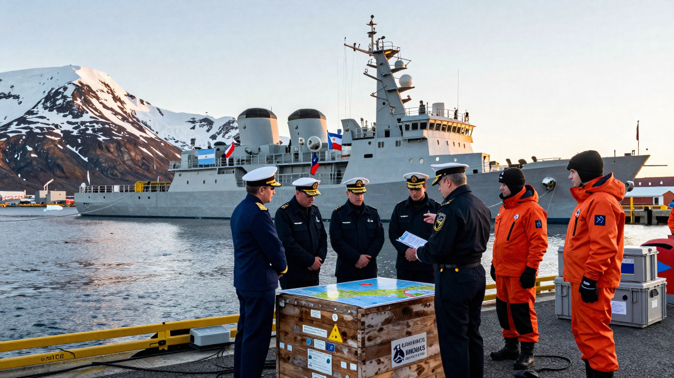 Militares reunidos ao ar livre perto de um navio militar ancorado, com montanha nevada ao fundo.