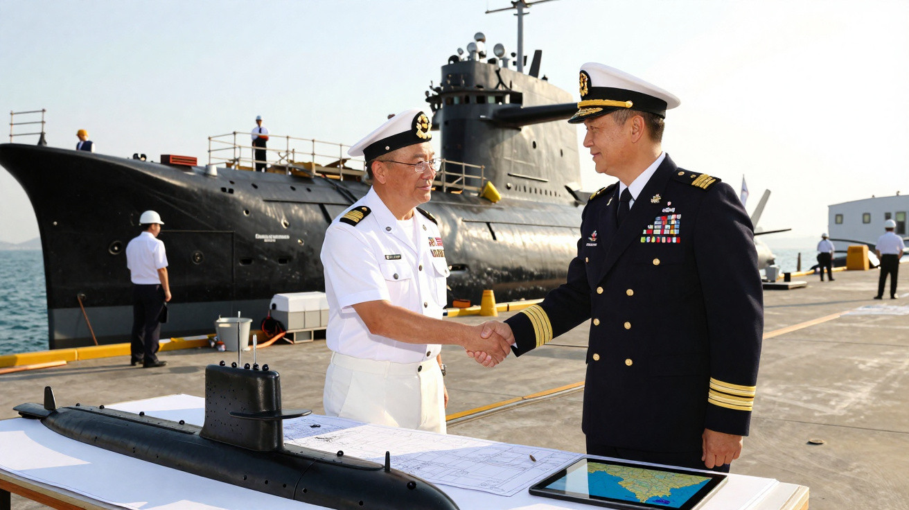 Dois oficiais da marinha apertam as mãos em um cais ao lado de um submarino e de maquetes navais.