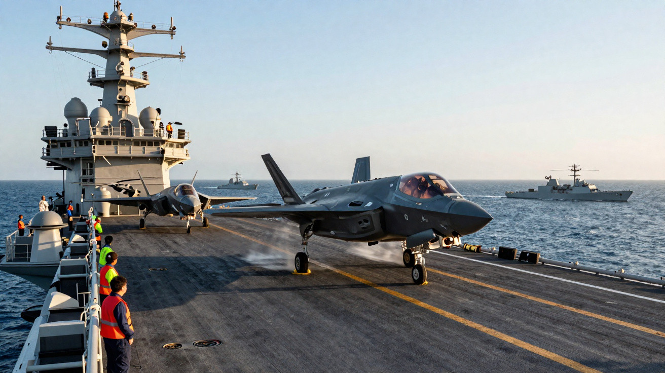 Caças F-35 pousando em porta-aviões no mar com equipe técnica observando ao redor.