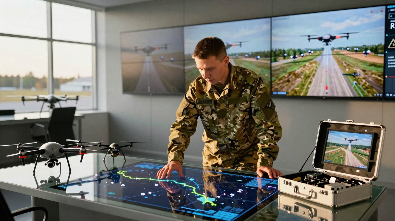 Militar em uniforme operando mesa digital com mapas e drones em sala de controle tecnológica.
