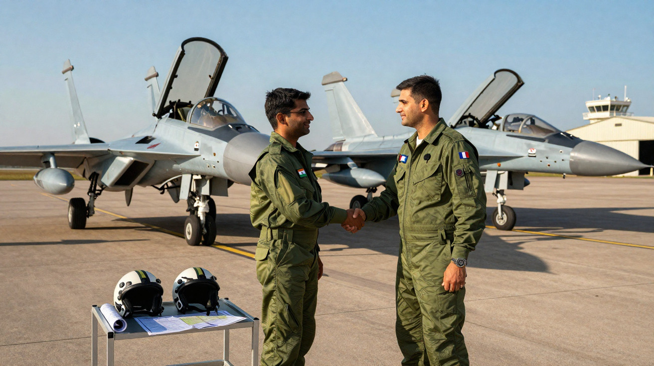 Dois pilotos militares se cumprimentam em pista com jatos de combate ao fundo e capacetes sobre mesa.