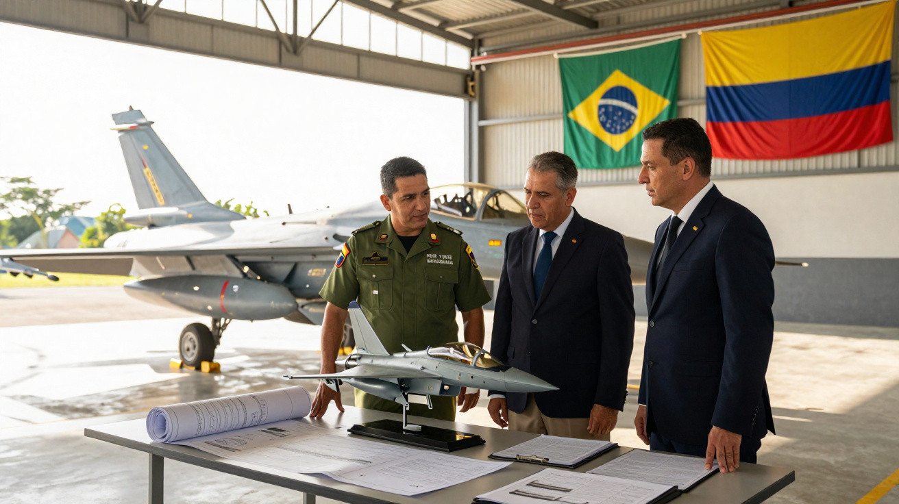 Três homens observam maquete de caça em hangar com jato e bandeiras do Brasil e Colômbia ao fundo.