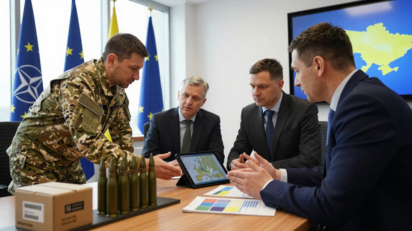 Homem em uniforme militar apresenta mapa digital em tablet para três homens de terno em reunião com bandeiras e munições ao f