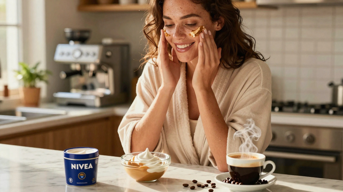 Mulher aplicando creme no rosto sorrindo na cozinha, junto a café, chantilly e creme Nivea.