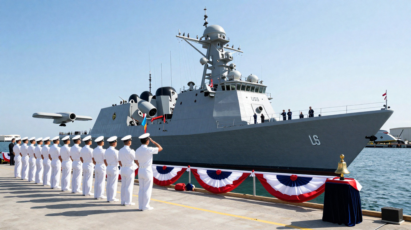 Marinheiros em uniforme branco fazem continência para navio militar cinza atracado em porto decorado com bandeiras.