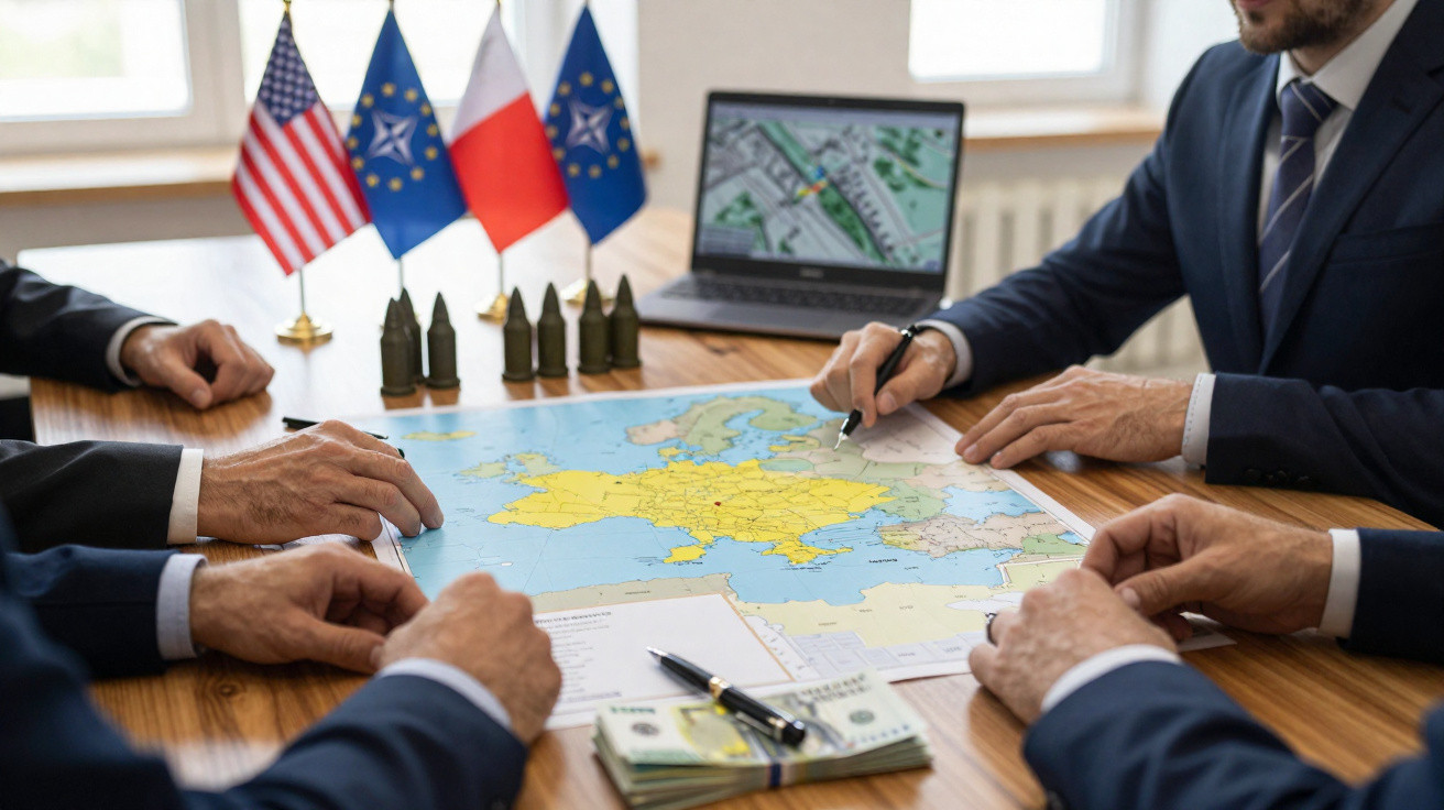 Quatro homens em terno em reunião com mapa da Europa, dinheiro, balas e bandeiras dos EUA, UE e Polônia.