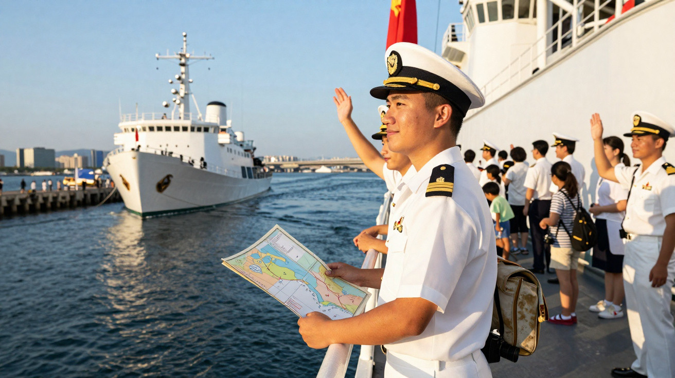 Marinheiros em uniforme branco acenam para navio que se aproxima durante dia claro no porto.