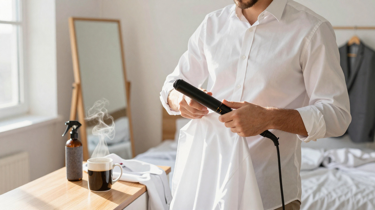 Homem passando roupa branca com um ferro a vapor em ambiente claro e arrumado.