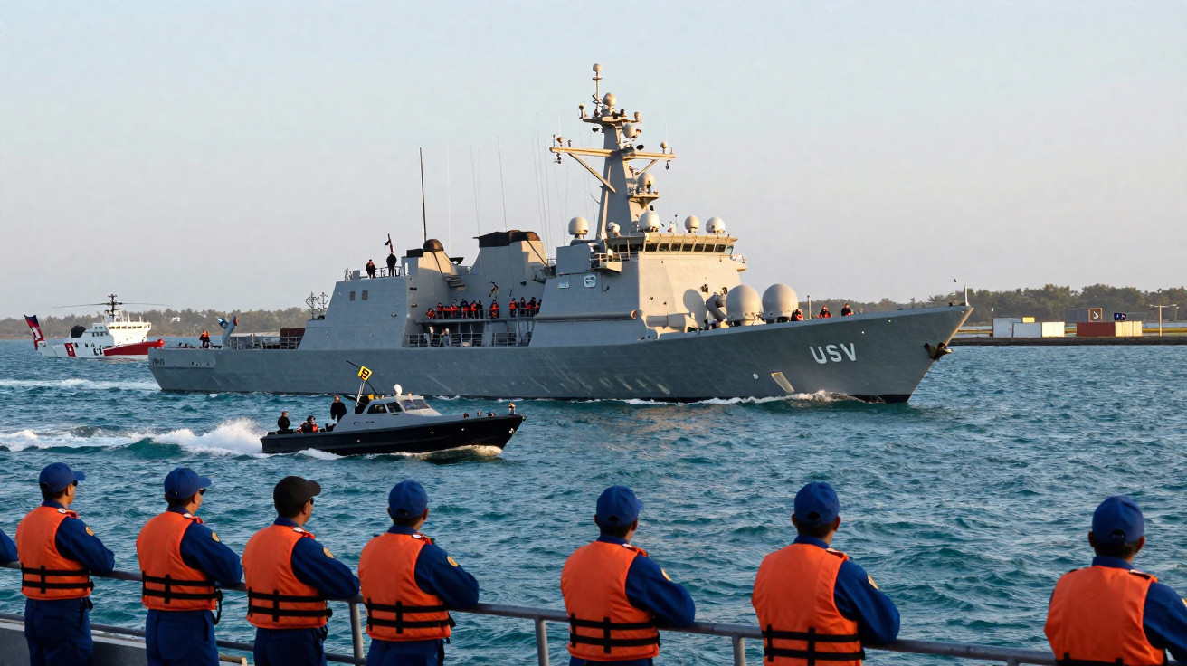 Marinheiros de colete laranja observam navio de guerra cinza com identificação USV no mar durante o dia.
