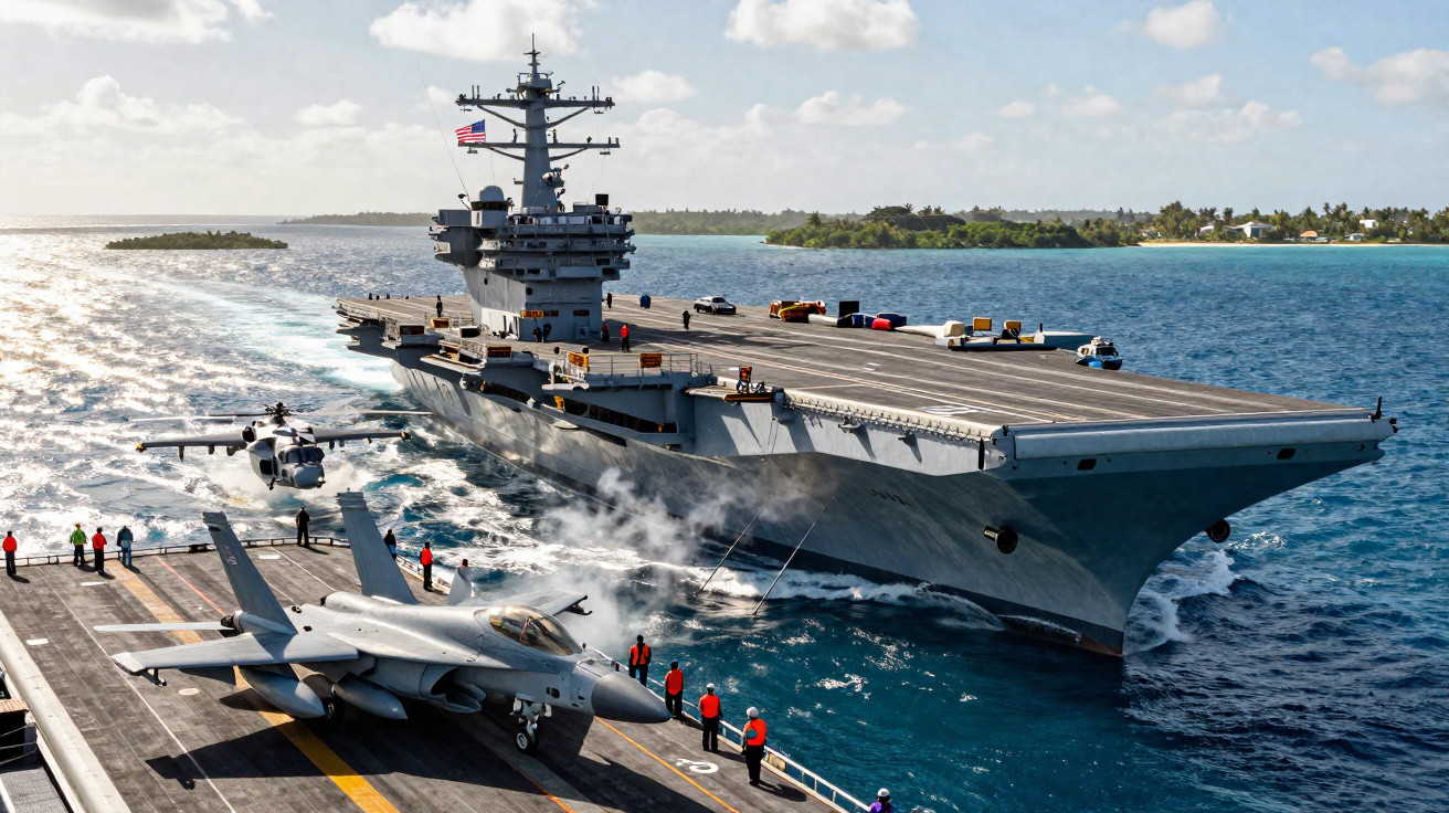 Porta-aviões naval com aviões militares e tripulantes em uniformes laranja no convés em alto mar.