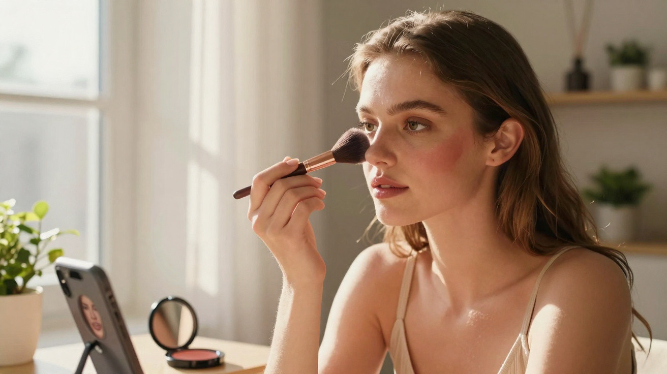 Mulher jovem aplicando blush no rosto com pincel, olhando para espelho em ambiente iluminado.