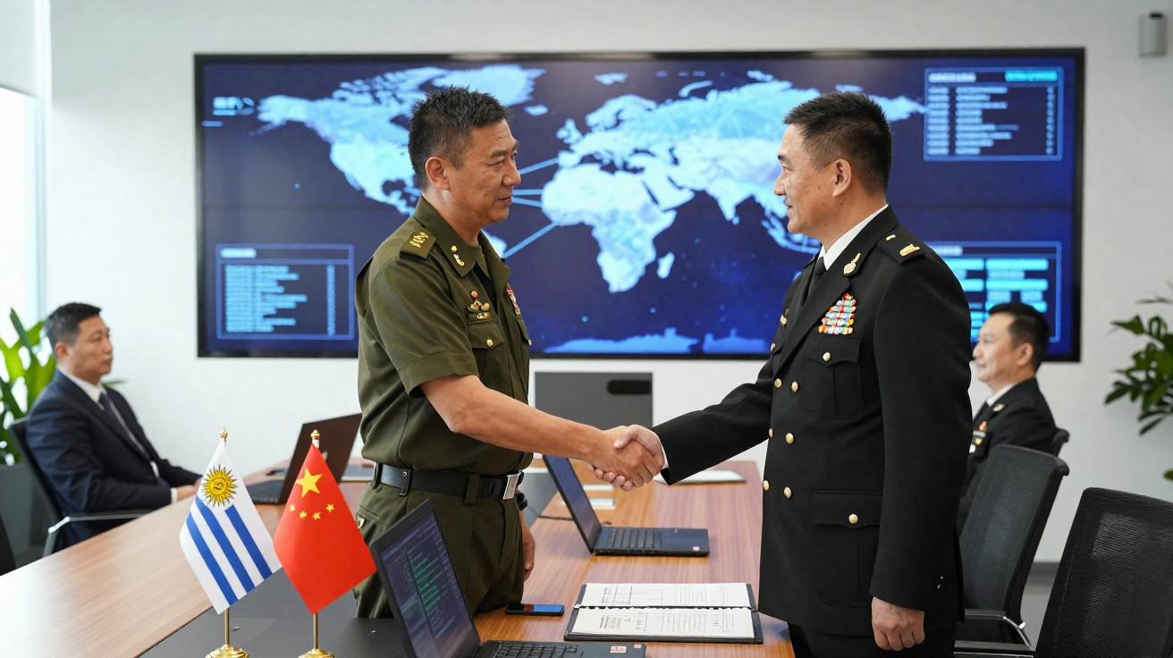 Dois oficiais militares apertando as mãos em sala de reunião com mapa-múndi digital ao fundo.