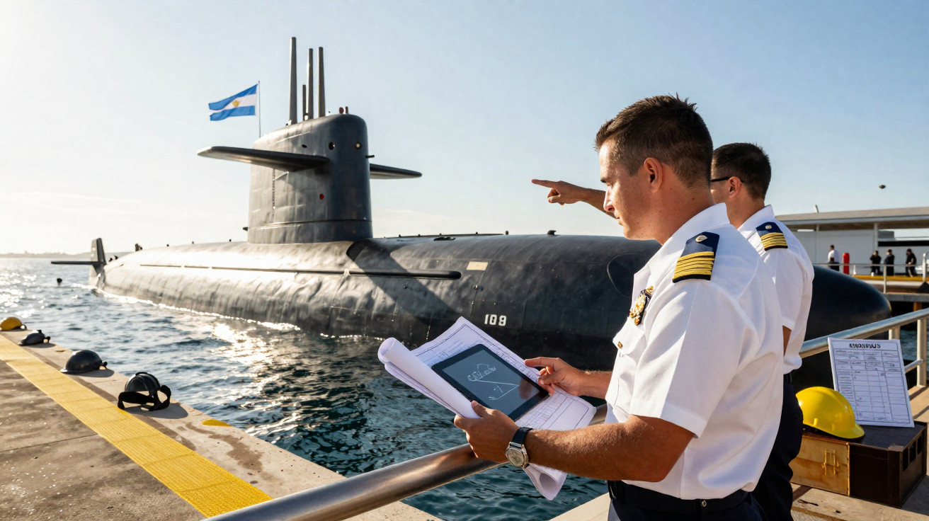 Dois oficiais em farda branca observam e analisam documentos ao lado de um submarino preto atracado.