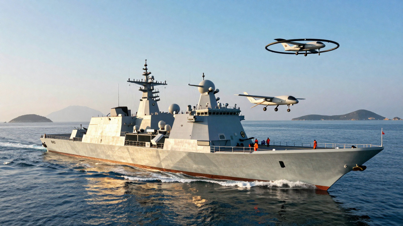 Navio militar cinza em mar calmo com dois drones voando ao seu redor e ilhas ao fundo.