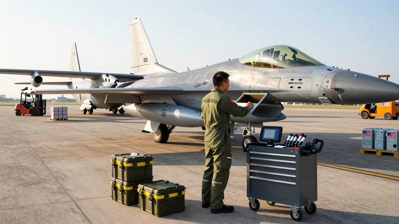 Militar inspeciona jato de caça F-16 em pista de aeroporto com equipamentos e caixas ao redor.