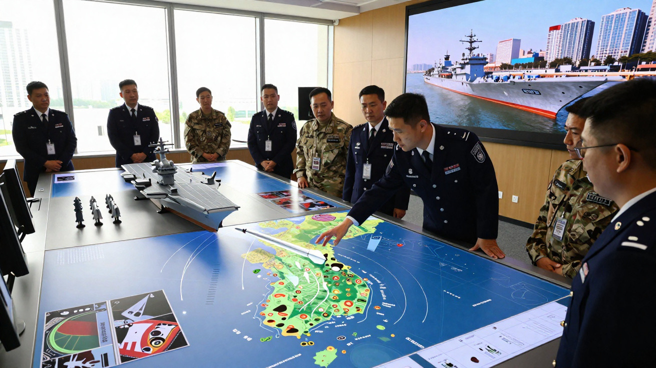 Oficiais militares analisando mapa estratégico e miniaturas de navios em sala de reunião com vista panorâmica.