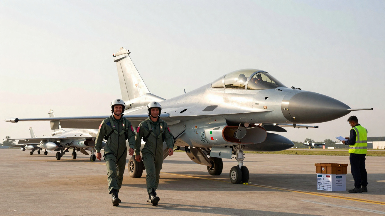 Dois pilotos militares caminhando em frente a caças estacionados em pista de aeroporto.