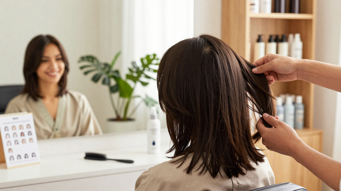 Mulher sentada em salão de beleza com cabeleireiro examinando o cabelo na frente do espelho.