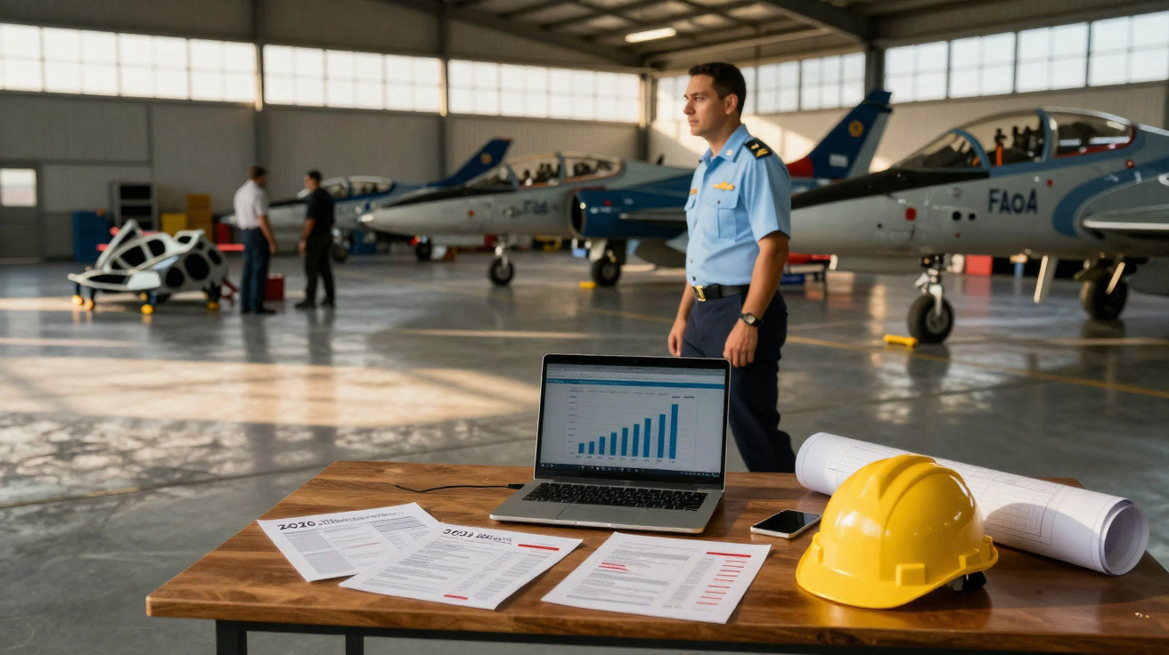 Oficial da Força Aérea em hangar com aviões, mesa com laptop, documentos, capacete amarelo e plantas.
