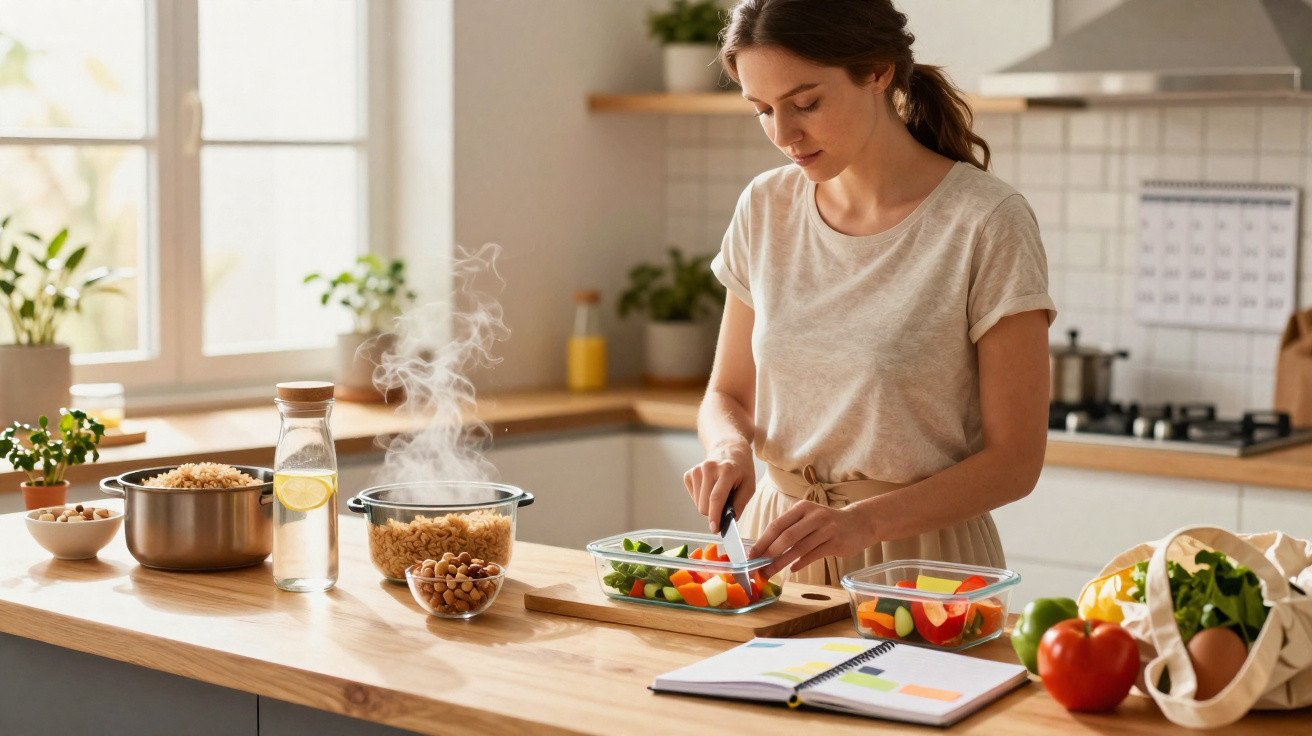 Mulher preparando salada com vegetais frescos na cozinha iluminada e organizada.