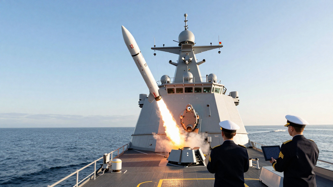 Foguete sendo lançado de navio militar no mar com dois militares observando a ação.