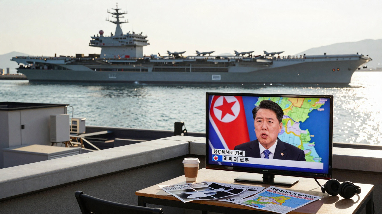 Navio de guerra atracado, com televisão exibindo notícias em coreano e mesa com jornal, café e fones de ouvido.