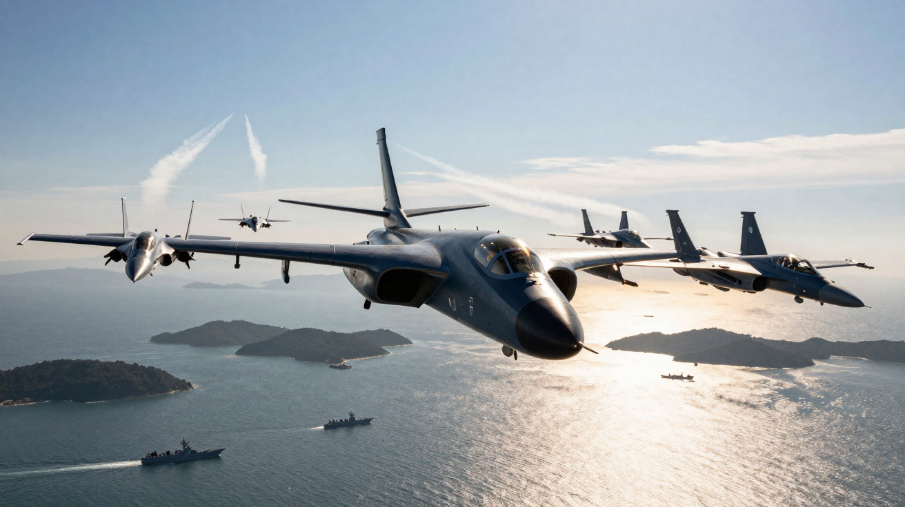 Formação de jatos militares voando sobre o mar com ilhas e navios no horizonte ao pôr do sol.