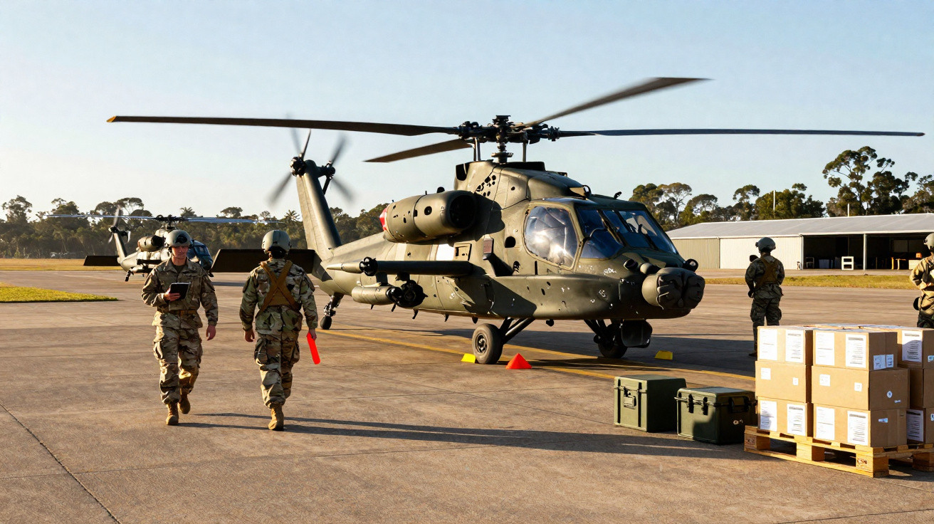 Helicóptero militar com soldados ao redor em base aérea durante o dia, com caixas e equipamentos no chão.