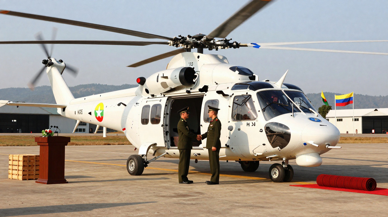 Helicóptero branco militar no pátio com dois oficiais fardados apertando as mãos.