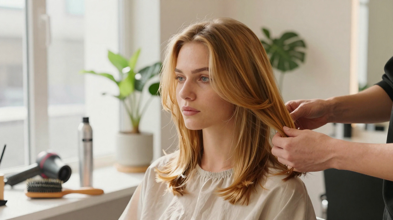 Mulher loira sentada em salão de beleza tendo cabelo penteado por cabeleireiro.