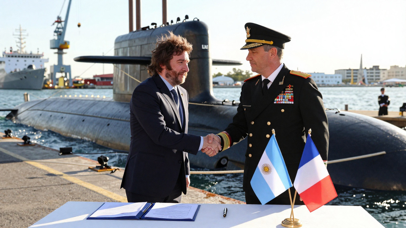 Dois homens apertam as mãos em cerimônia à beira de um submarino, com bandeiras da Argentina e França na mesa.